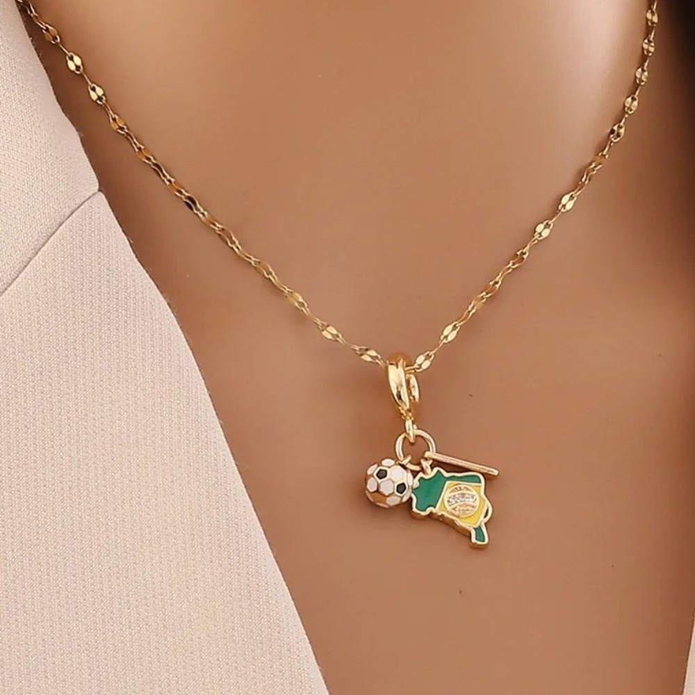 Brazil Map Soccer Ball Charm Necklace Gold Stainless Steel Women Sports Jewelry